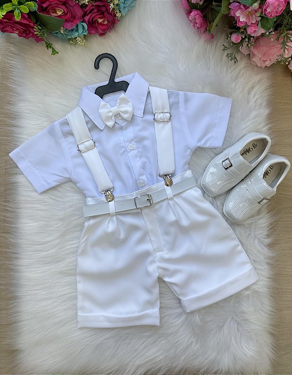 Conjunto Infantil Social Elegante Meninos Shorts Suspensório Branco