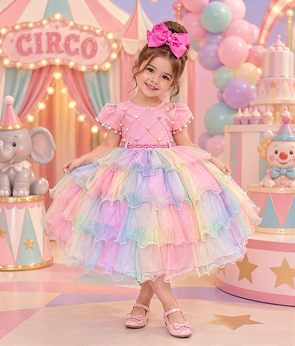 Vestido de Festa Infantil Arco-Íris Candy com Babados em Tule