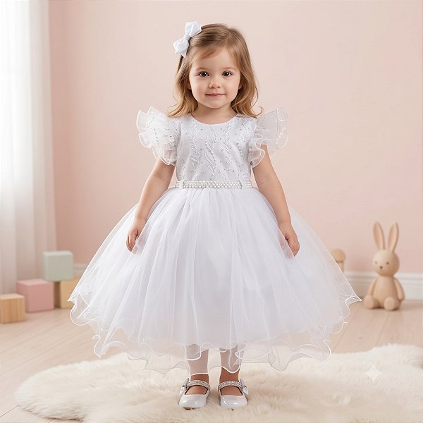 Vestido Infantil Batizado Branco Festa Casamento Tule Luxo