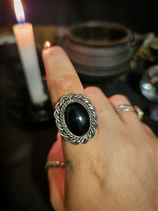 Anel Trança com Obsidiana e Pentagrama Oculto