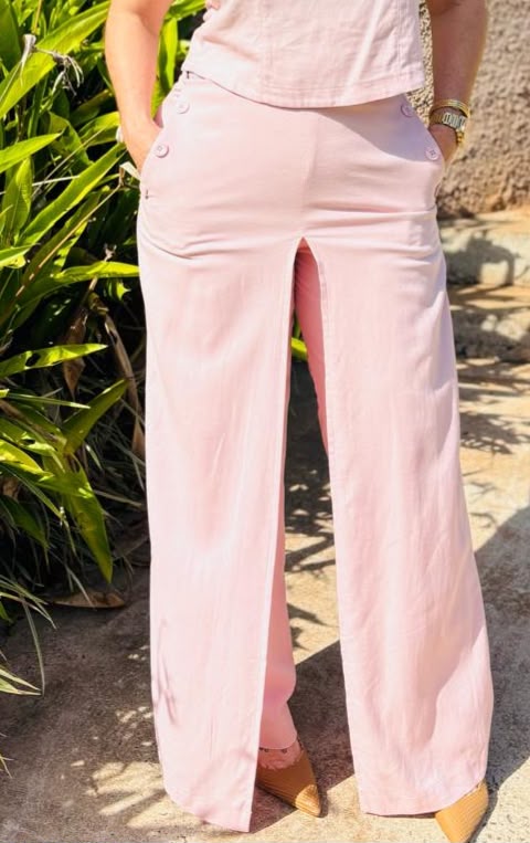 Calça Reta Com Sobreposição Rosa