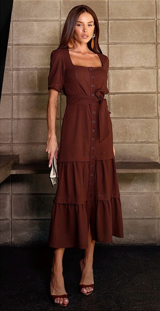 Vestido Midi com Prega Franzida
