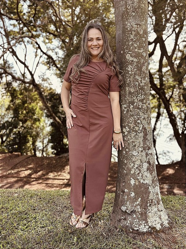 Vestido Midi com Recorte franzido