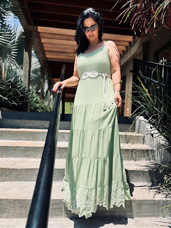 Vestido longo alça com barrado bordado