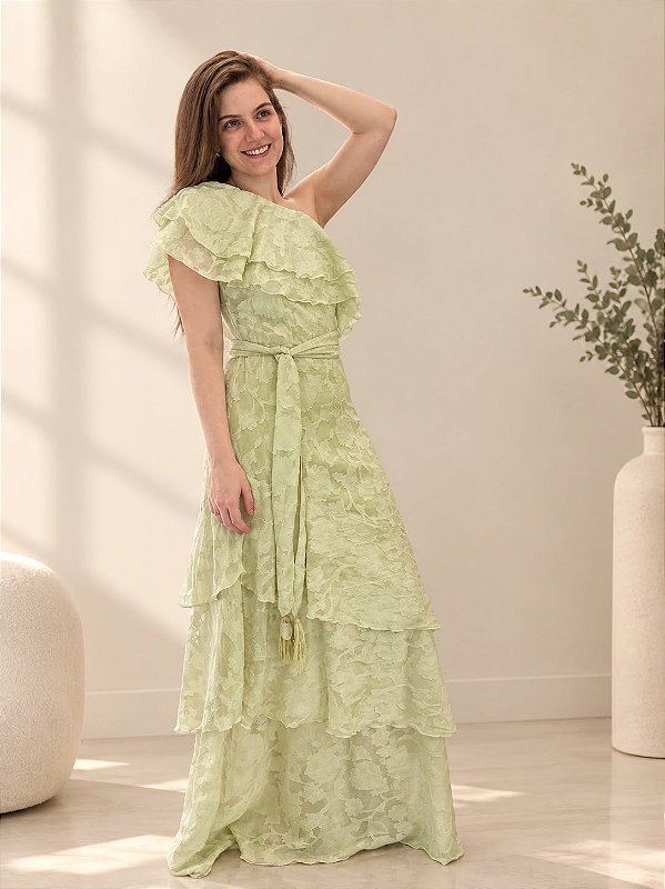 Vestido Verde com Babados Cora Canela