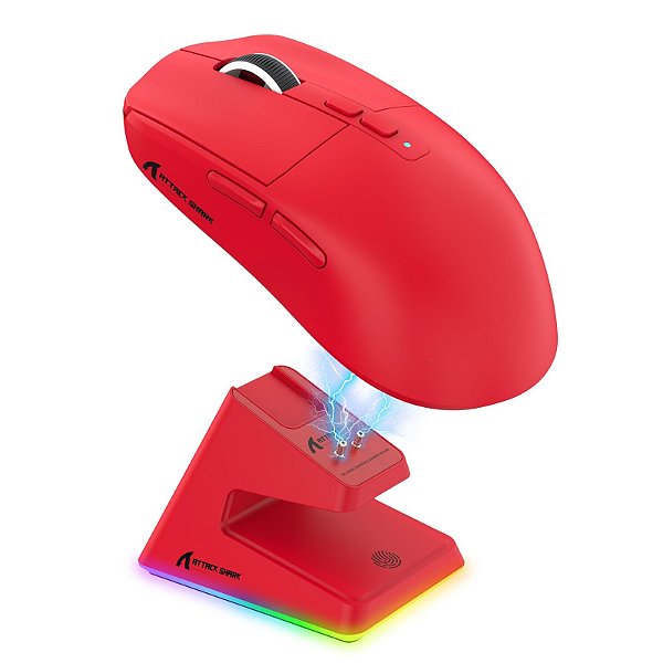 Mouse Gamer Sem Fio Attack Shark X6, 26000 DPI, PAW3395, Tri-Mode com Dock Magnético, RGB, Vermelho