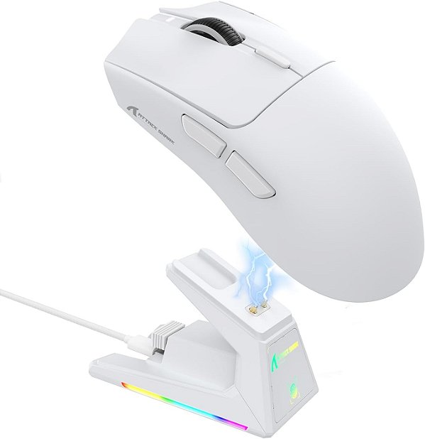 Mouse Gamer Attack Shark X1 Wireless 40.000 DPI PAW3395 Pro com Dock RGB, Branco
