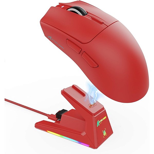 Mouse Gamer Attack Shark X1 Wireless 40.000 DPI PAW3395 Pro com Dock RGB, Vermelho