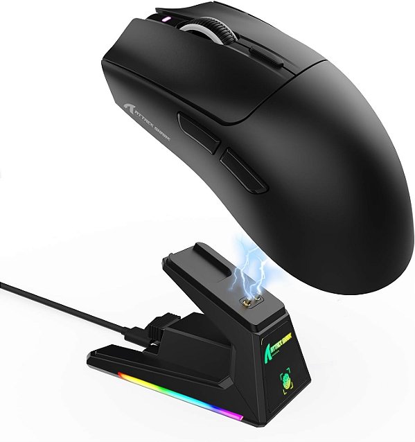 Mouse Gamer Attack Shark X1 Wireless 40.000 DPI PAW3395 Pro com Dock RGB, Preto