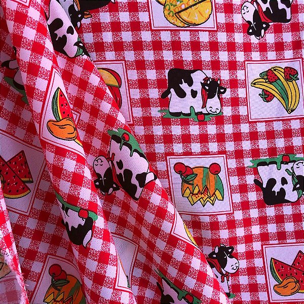 Oxford Estampado - Vaca e Frutas Fundo Xadrez Vermelho - 1,50m de