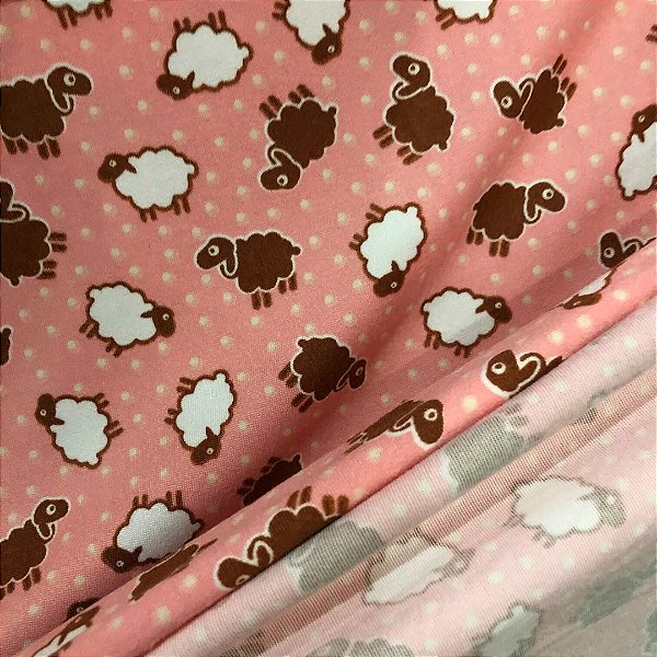 Malha Suede Pijama - Ovelhas Fundo Rosa - 1,60m de Largura