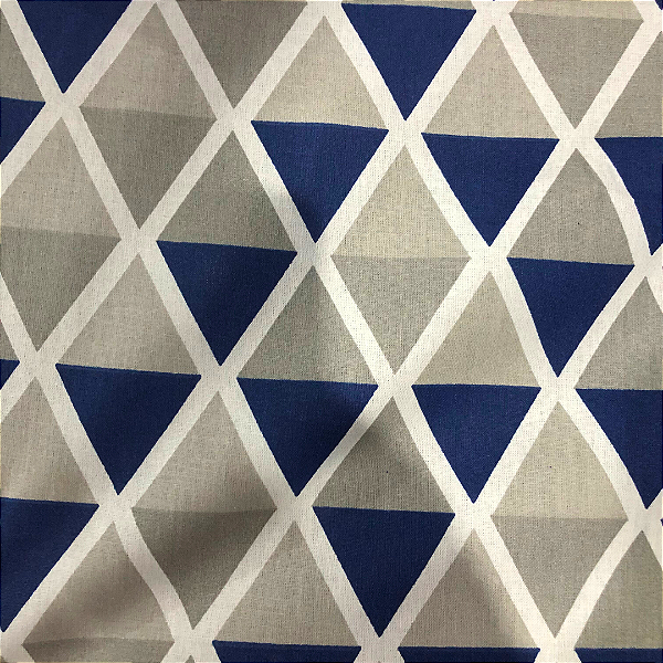 Tricoline Estampado 100% Algodão - Triangular Azul Escuro e Cinza