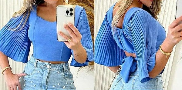 Blusa Cropped Corselet com Manga Zig Zag Morcego com Amarração Regulavel.