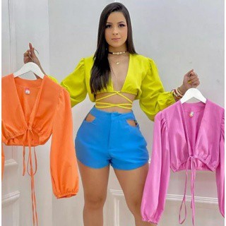 Blusa Cropped  Decotado com Amarração Regulável