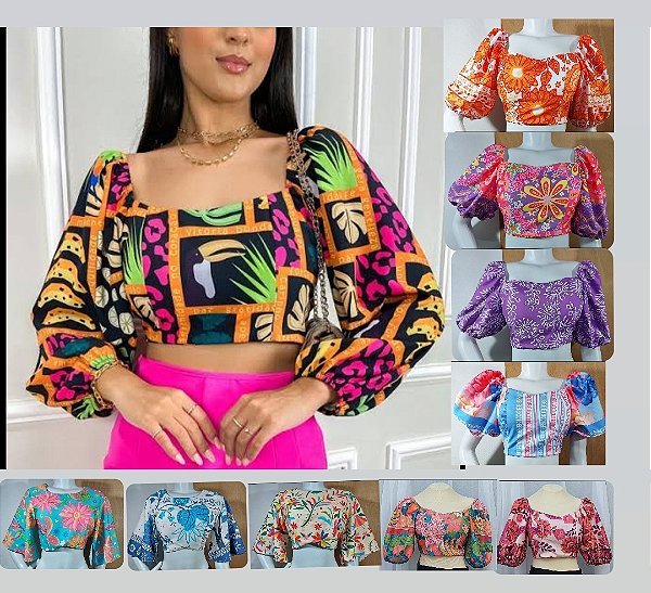 Blusa Cropped Estampado  com   Manga  Bufante