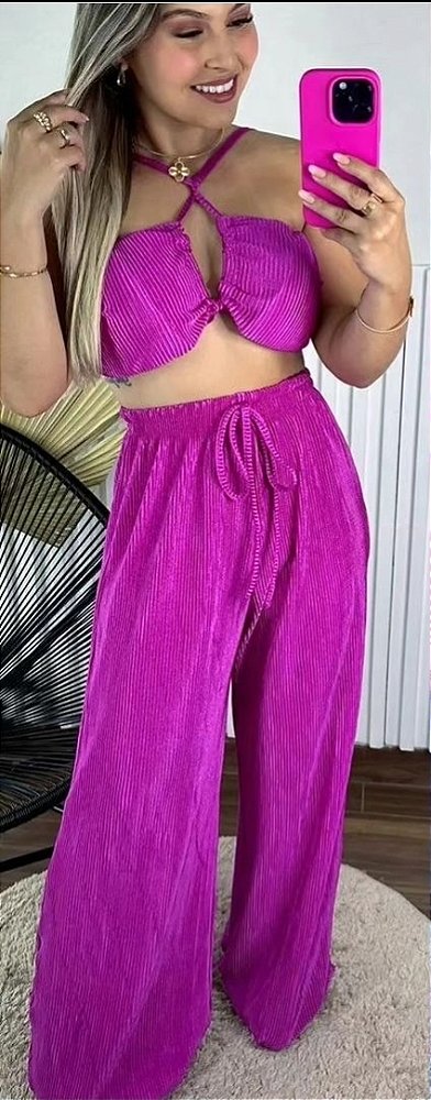 Conjunto Calça Pantalona de Cropped  Top com Amarração Regulável