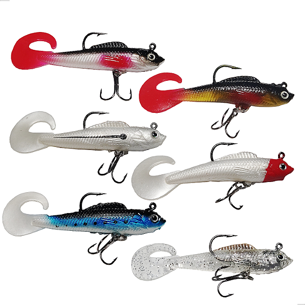 Kit 6 Isca Artificial Grub com Jig Head e Garatéia 8cm 9g