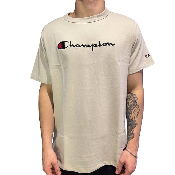 Camiseta Champion Logo Embroidery Script Bordado Bege