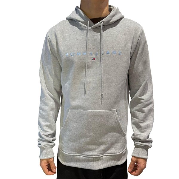 Moletom Tommy Jeans Canguru Logo Linear Cinza