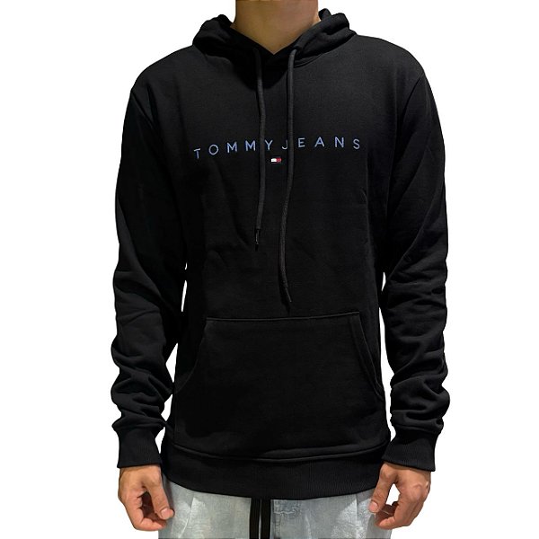 Moletom Tommy Jeans Canguru Logo Linear Preto