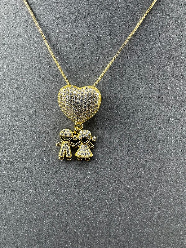 CORRENTE COM PINGENTE CORAÇÃO CASAL FILHOS