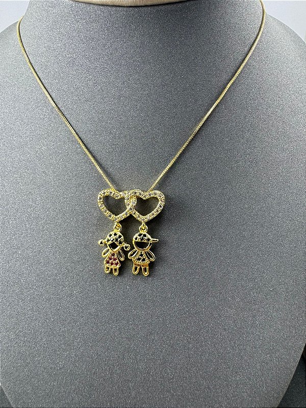 CORRENTE COM PINGENTE CORAÇÃO CASAL FILHOS