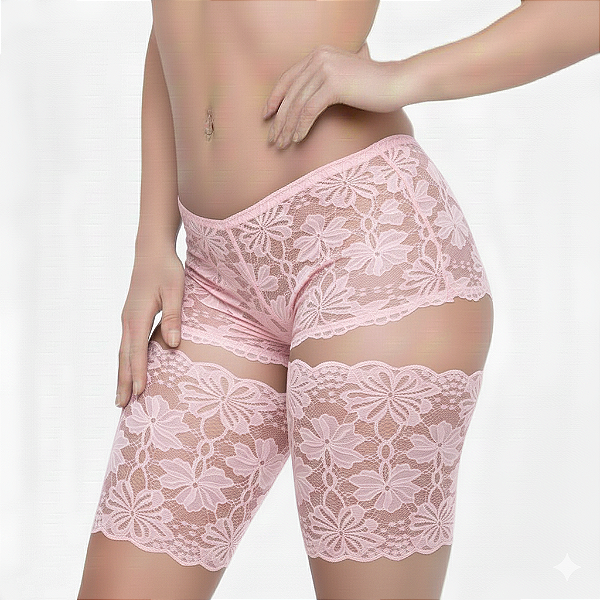 Conjunto Conforto Calcinha Caleçon Renda + Faixa Anti-Atrito Cochas Shortinho Renda Macia + Perneira