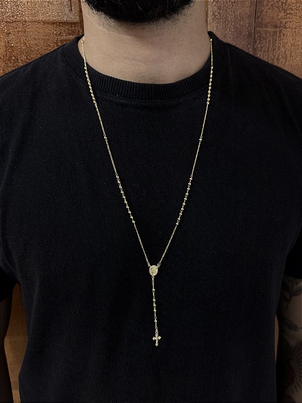 TERÇO CONVENCIONAL  JESUS (70cm- 2mm) - BANHO DE OURO 18k