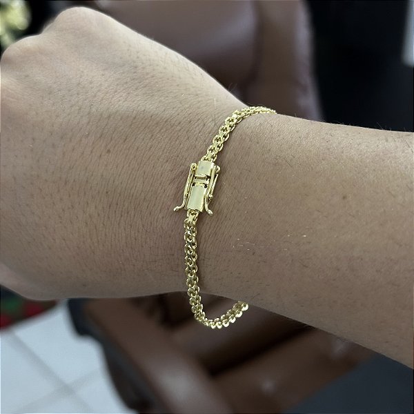 PULSEIRA CADEADO DUPLO (3mm-5G)-20CM  - FECHO COM MARCAÇÃO 750 - BANHO DE OURO 18k.