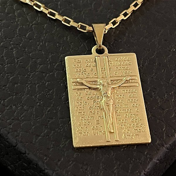 Pingente Placa Cristo Crucificado com Oração – Banhado a Ouro 18K