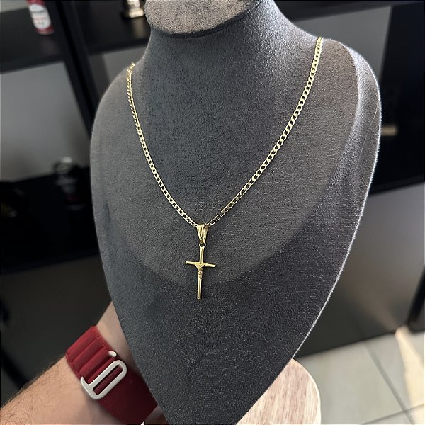 CORRENTE GRUMET (2mm -60 ou 70cm )+ PINGENTE CRUZ AMARRADA - BANHADO A OURO 18K