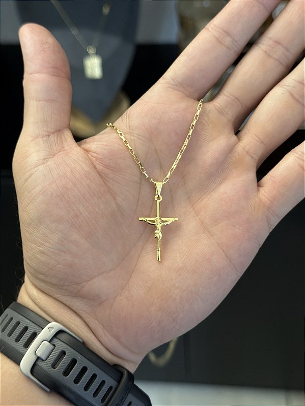 CORRENTE TIJOLINHO (2MM-70CM) + CRUCIFIXO - BANHADO A OURO 18K.
