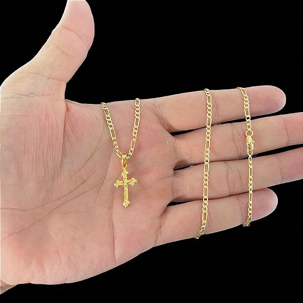 KIT CORRENTE 3x1( 2mm 70/60cm) + PINGENTE CRUCIFIXO- BANHADO A OURO 18K.
