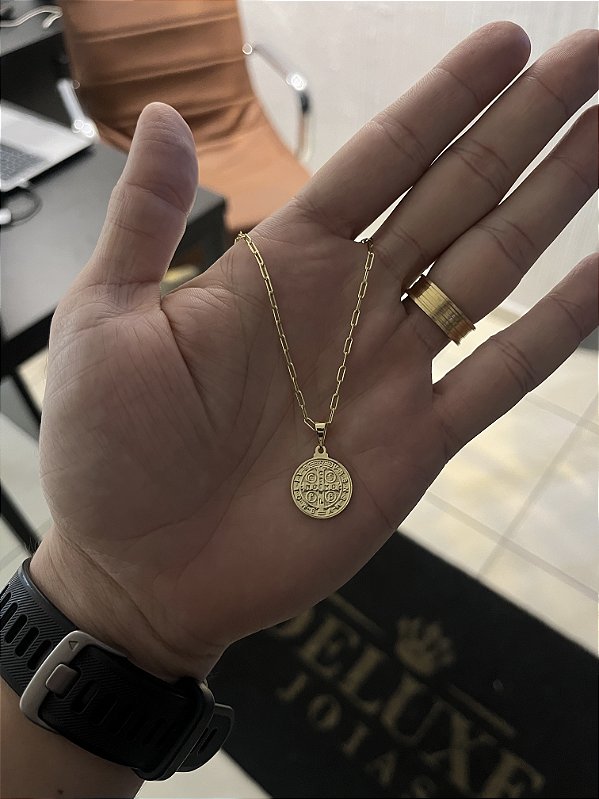 CORRENTE CARTIE (1.5mm- 70/60cm) + PINGENTE SÃO BENTO - BANHADO A OURO 18K