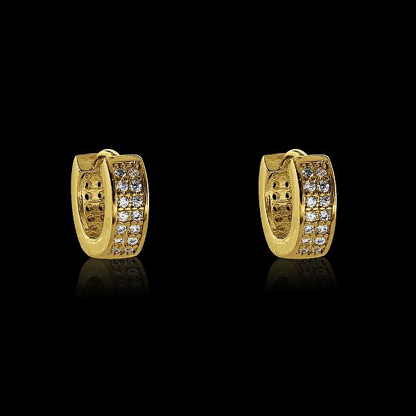 PAR DE BRINCO ARGOLA CRAVEJADO COM DUAS FILEIRAS EM PEDRA ZIRCÔNIA PREMIUM - BANHADO A OURO 18K