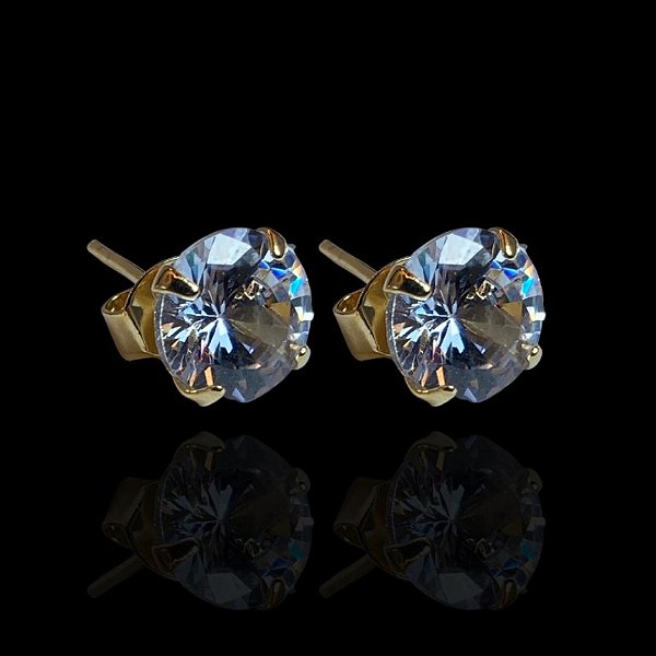 PAR DE BRINCOS SOLITÁRIO REDONDO PEDRA DE ZIRCÔNIA( 6MM) - BANHADO A OURO 18K