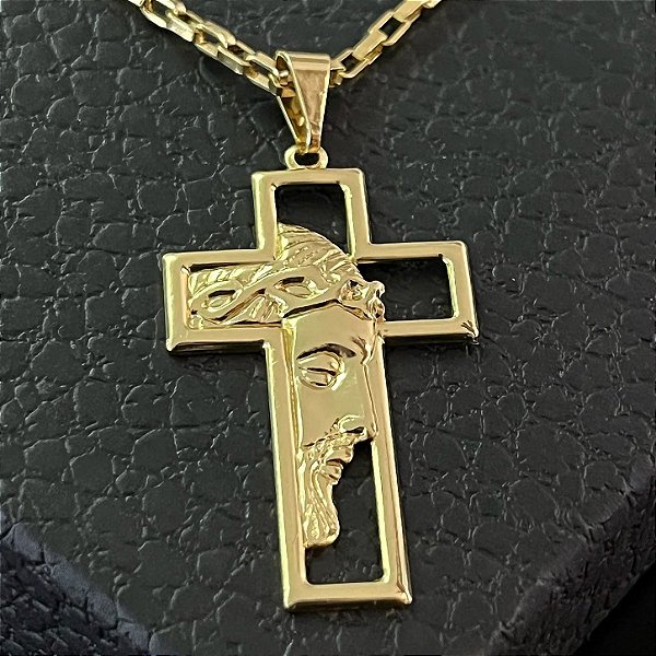 Pingente Cruz Vazada com Face de Jesus – Banhado a Ouro 18K