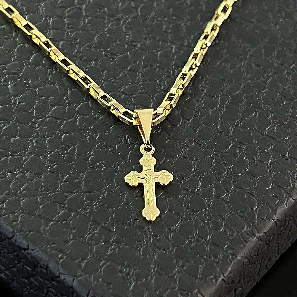 Pingente Crucifixo com Jesus Pontas Trabalhadas – Banhado a Ouro 18K