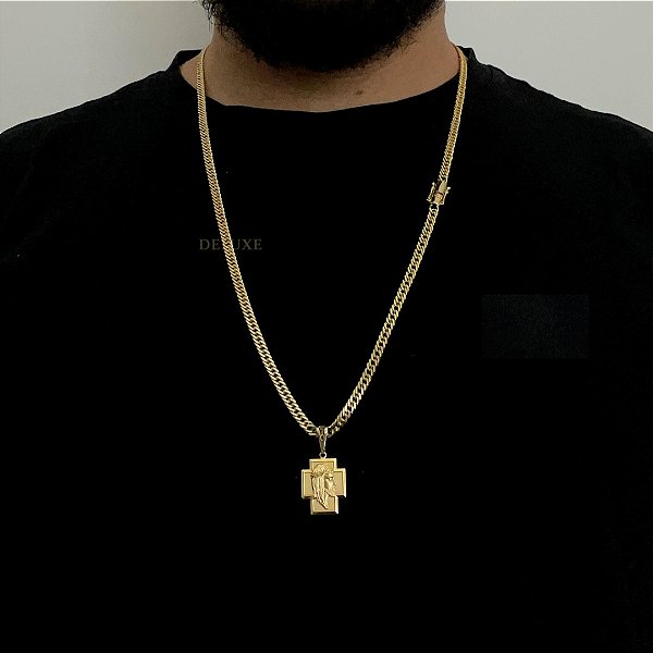 CORRENTE LACRAIA (4mm -70Cm )+ PINGENTE JESUS- FECHO COM MARCAÇÃO 750 - BANHADO A OURO 18K