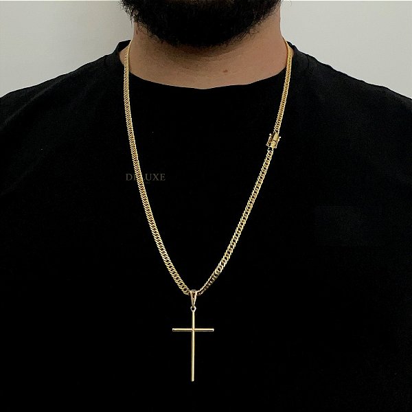Corrente Lacraia 4mm 70cm + Pingente Cruz – Banho Ouro 18k