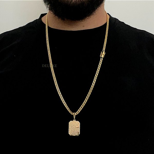 Corrente Lacraia 4mm 70cm + Pingente Placa – Banho Ouro 18k