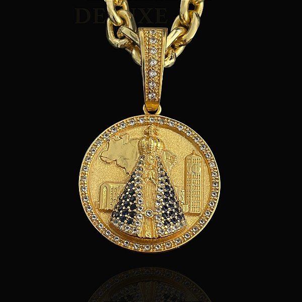 PINGENTE NOSSA SENHORA MEDALHA COM CATEDRAL  CRAVEJADO( 12g- 3x3cm)(G) - BANHO DE OURO 18k