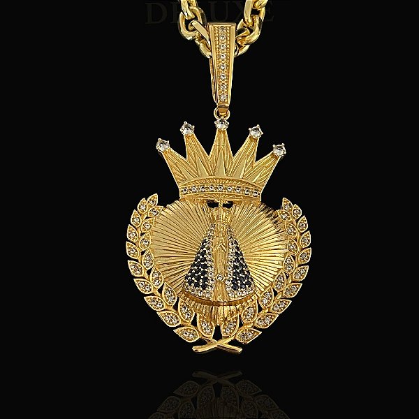 PINGENTE NOSSA SENHORA CORAÇÃO E COROA  CRAVEJADO EM ZIRCÔNIA PREMIUM ( 12g- 3x3cm)(G) - BANHO DE OURO 18k