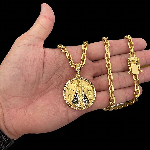 CORRENTE CADEADO( 7mm- 70Cm) + PINGENTE MEDALHA NOSSA SENHORA CRAVEJADA G - FECHO COM MARCAÇÃO 750 -BANHADO A OURO 18K