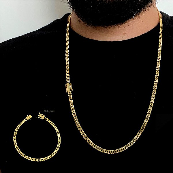 Corrente Lacraia 4mm 70cm + Pulseira 21cm – Banhada a Ouro 18K