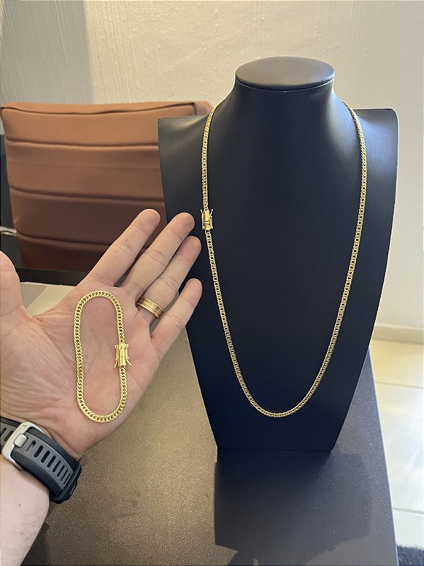 CORRENTE LACRAIA FECHO GAVETA (4mm-70cm + PULSEIRA LACRAIA FECHO GAVETA (4mm-20cm) - FECHO COM MARCAÇÃO 750 - BANHADO A OURO 18K
