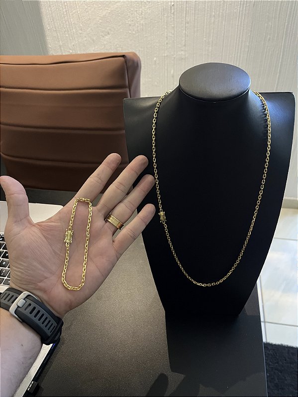 CORRENTE CADEADO  FECHO GAVETA (3mm-70cm) + PULSEIRA CADEADO  FECHO GAVETA (3mm-20cm) - FECHO COM MARCAÇÃO 750 - BANHADO A OURO 18K