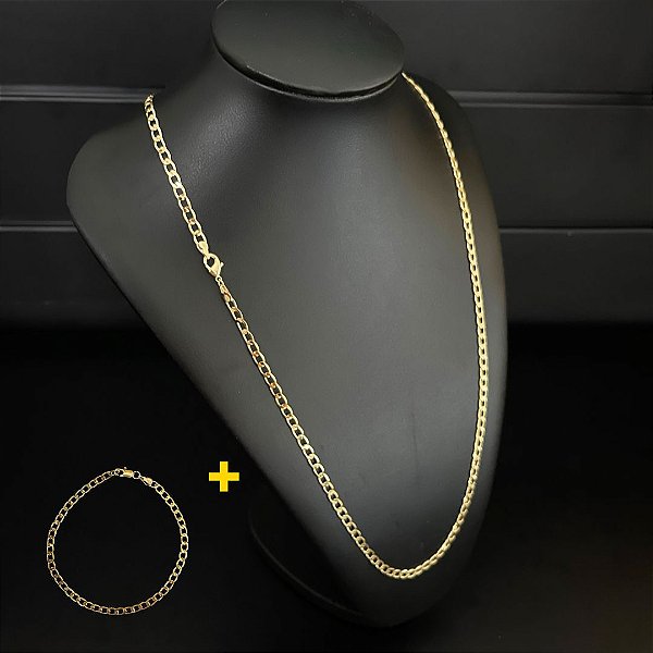 Corrente Grumet 4mm 70cm + Pulseira 21cm – Banhada a Ouro 18K