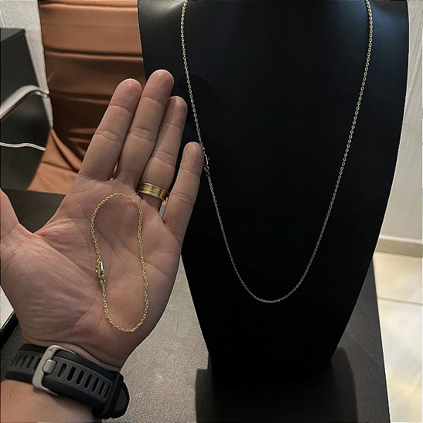 Corrente Cadeado 2mm 70cm + Pulseira 21cm – Banhada a Ouro 18K