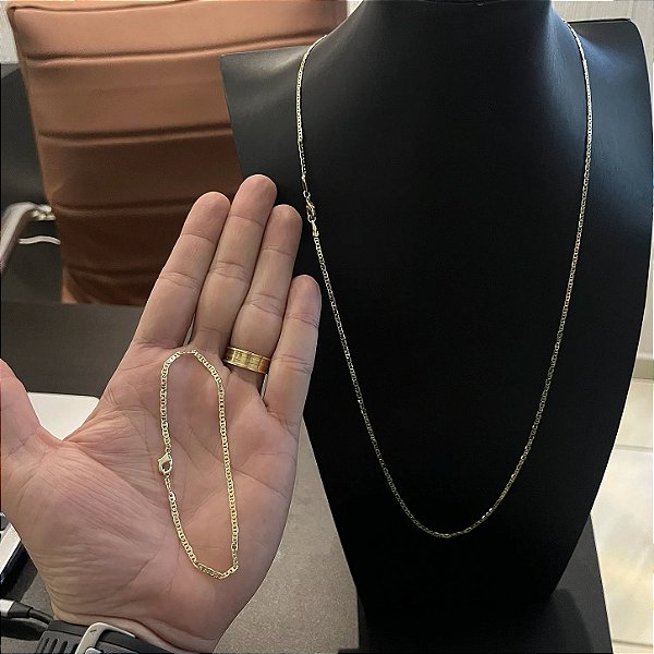 Corrente Piastrine 2mm 70cm + Pulseira 21cm – Banhada a Ouro 18K